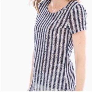 CHICO’S navy and white striped top with fringe
